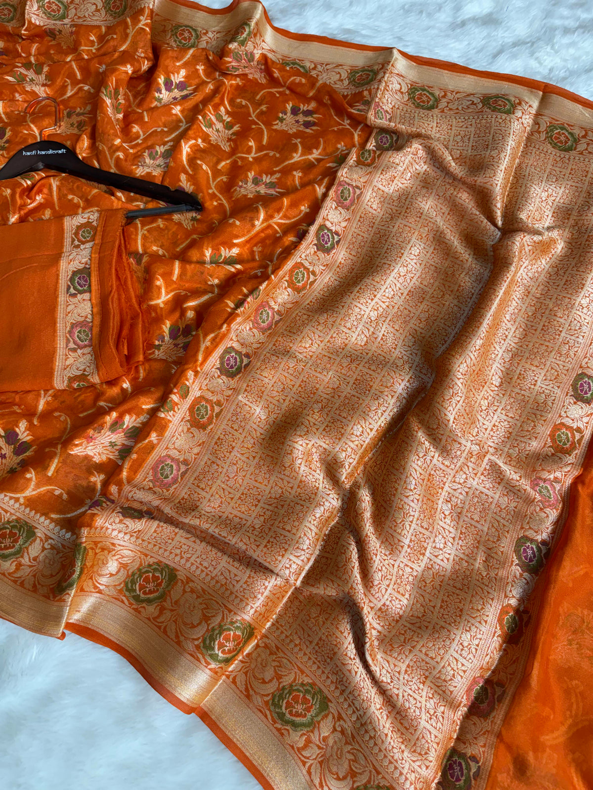 Kesari Orange Pure Khaddi Chiffon Banarasi Saree with Meenakari Weaving