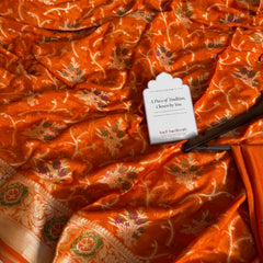Kesari Orange Pure Khaddi Chiffon Banarasi Saree with Meenakari Weaving