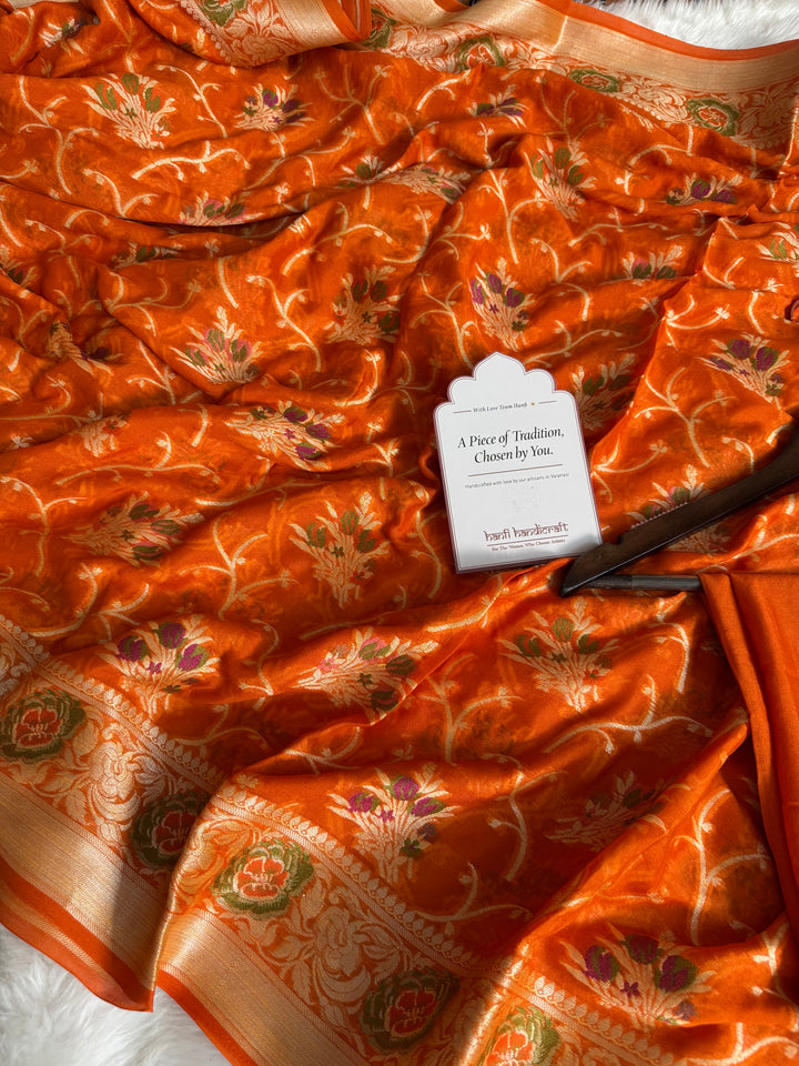 Kesari Orange Pure Khaddi Chiffon Banarasi Saree with Meenakari Weaving