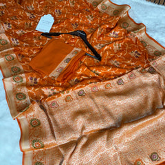 Kesari Orange Pure Khaddi Chiffon Banarasi Saree with Meenakari Weaving