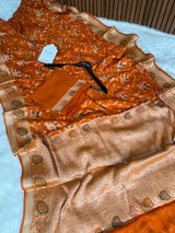 Kesari Orange Pure Khaddi Chiffon Banarasi Saree with Meenakari Weaving