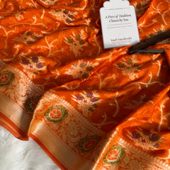 Kesari Orange Pure Khaddi Chiffon Banarasi Saree with Meenakari Weaving