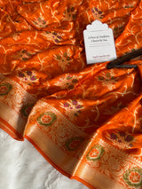 Kesari Orange Pure Khaddi Chiffon Banarasi Saree with Meenakari Weaving