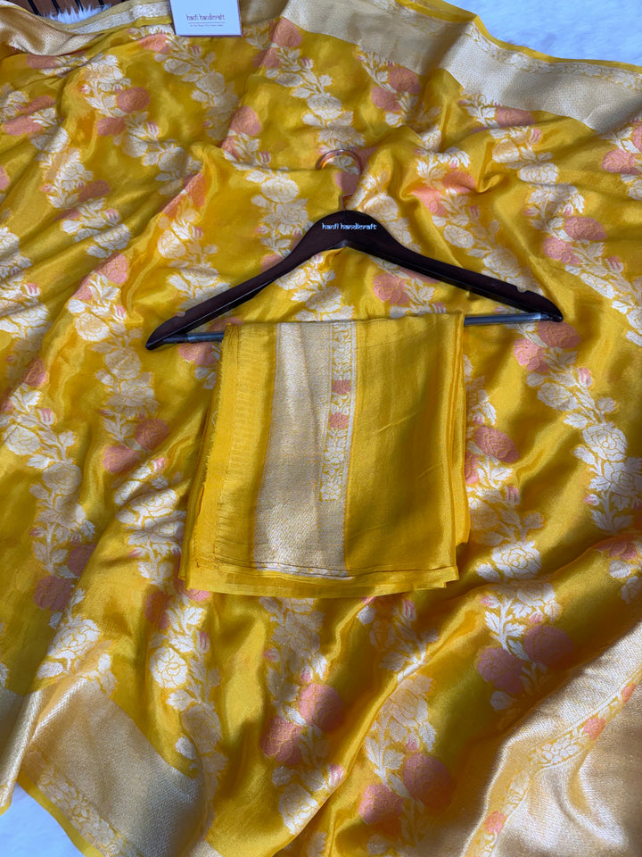 Sunshine Yellow Pure Khaddi Chiffon Banarasi Saree with Meenakari Aada Weaving