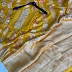 Sunshine Yellow Pure Khaddi Chiffon Banarasi Saree with Meenakari Aada Weaving