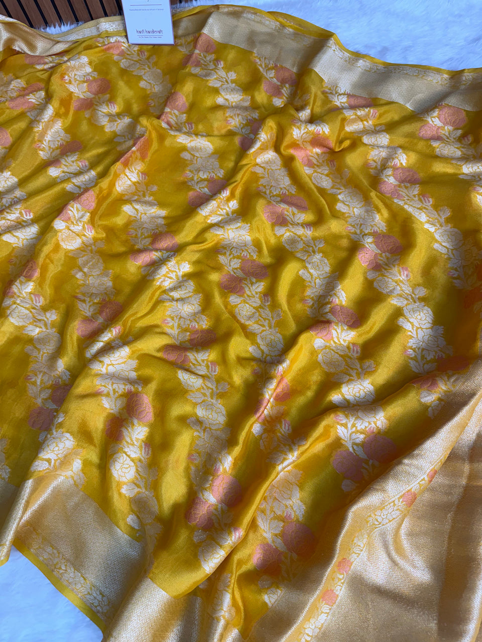Sunshine Yellow Pure Khaddi Chiffon Banarasi Saree with Meenakari Aada Weaving