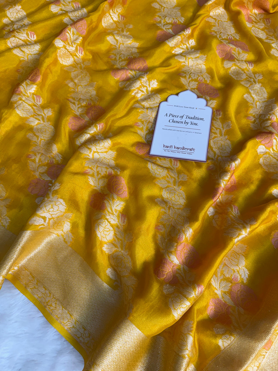 Sunshine Yellow Pure Khaddi Chiffon Banarasi Saree with Meenakari Aada Weaving