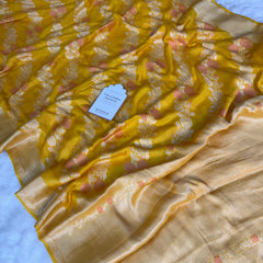 Sunshine Yellow Pure Khaddi Chiffon Banarasi Saree with Meenakari Aada Weaving