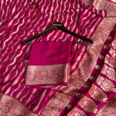 Deep Rani Pink Pure Khaddi Chiffon Banarasi Saree Stripe Pattern