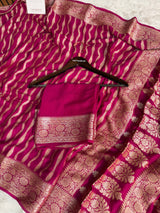 Deep Rani Pink Pure Khaddi Chiffon Banarasi Saree Stripe Pattern