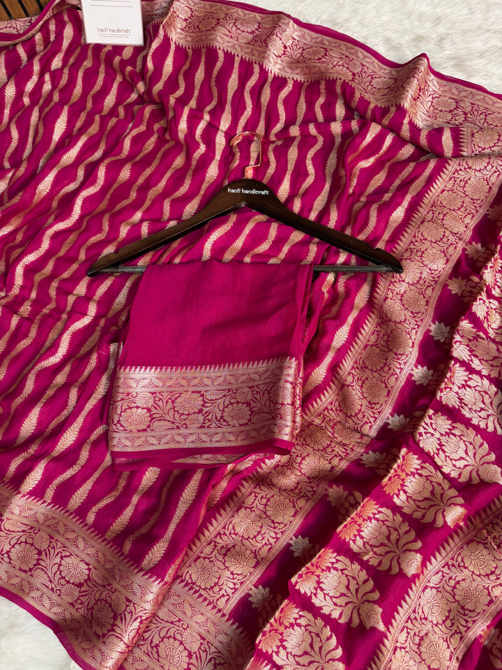 Deep Rani Pink Pure Khaddi Chiffon Banarasi Saree Stripe Pattern
