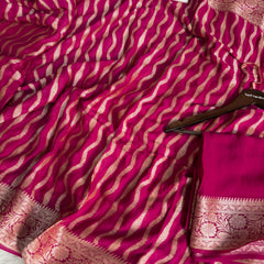 Deep Rani Pink Pure Khaddi Chiffon Banarasi Saree Stripe Pattern