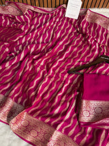 Deep Rani Pink Pure Khaddi Chiffon Banarasi Saree Stripe Pattern