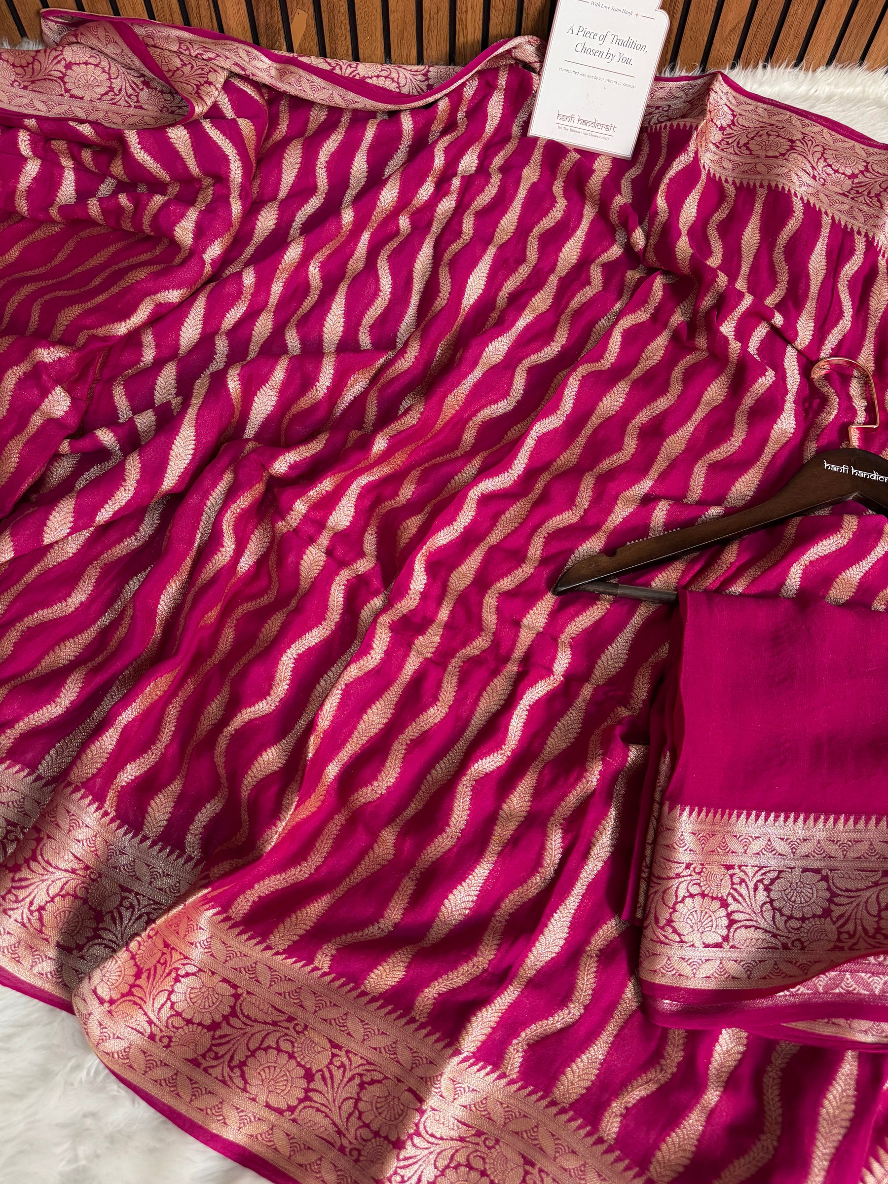 Deep Rani Pink Pure Khaddi Chiffon Banarasi Saree Stripe Pattern