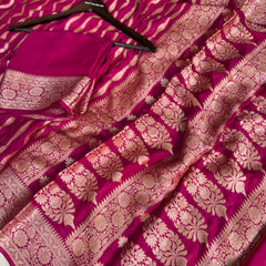 Deep Rani Pink Pure Khaddi Chiffon Banarasi Saree Stripe Pattern