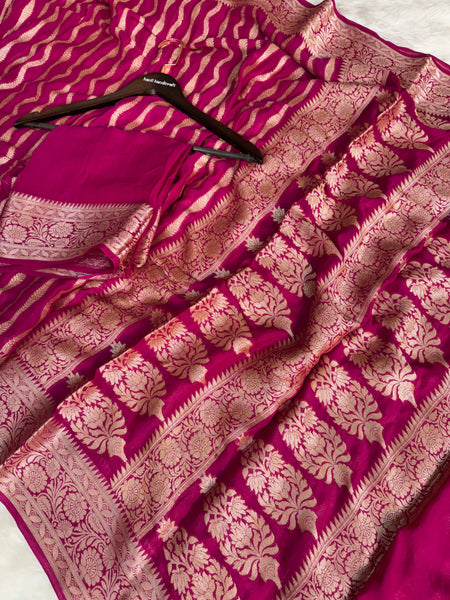 Deep Rani Pink Pure Khaddi Chiffon Banarasi Saree Stripe Pattern