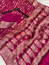 Deep Rani Pink Pure Khaddi Chiffon Banarasi Saree Stripe Pattern