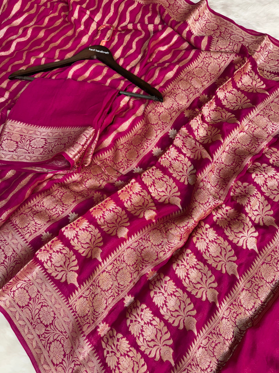Deep Rani Pink Pure Khaddi Chiffon Banarasi Saree Stripe Pattern
