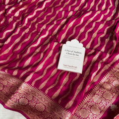 Deep Rani Pink Pure Khaddi Chiffon Banarasi Saree Stripe Pattern