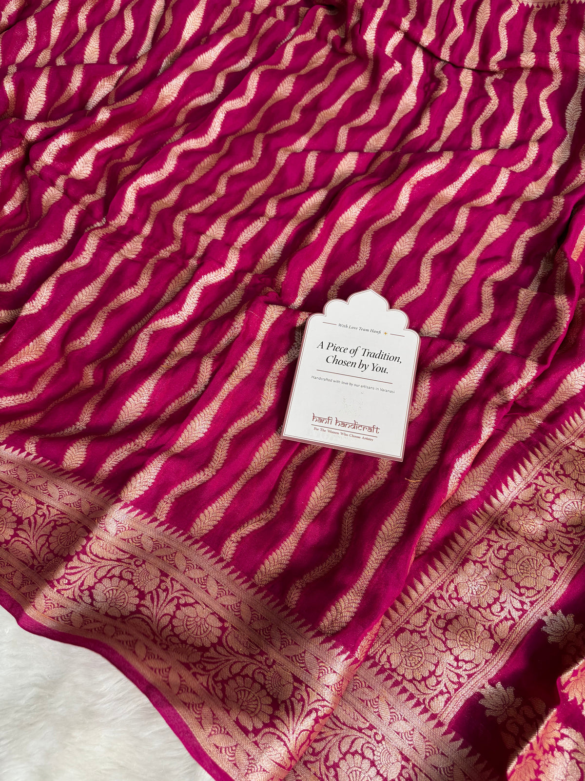 Deep Rani Pink Pure Khaddi Chiffon Banarasi Saree Stripe Pattern
