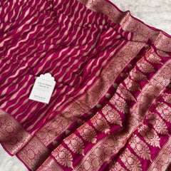 Deep Rani Pink Pure Khaddi Chiffon Banarasi Saree Stripe Pattern