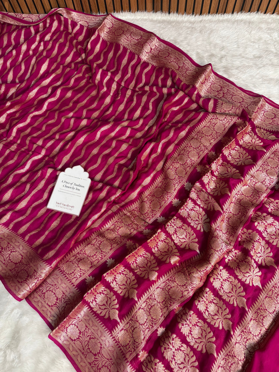 Deep Rani Pink Pure Khaddi Chiffon Banarasi Saree Stripe Pattern