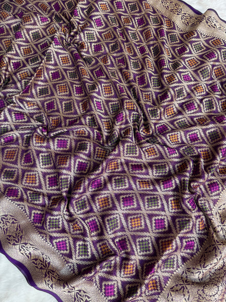 Royal Purple Pure Khaddi Chiffon Banarasi Saree with Bandhej Weaving