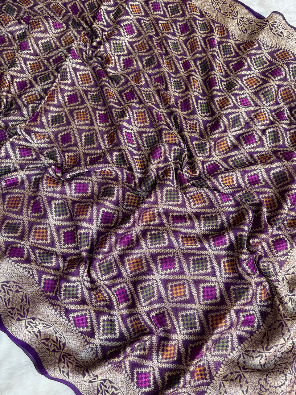 Royal Purple Pure Khaddi Chiffon Banarasi Saree with Bandhej Weaving