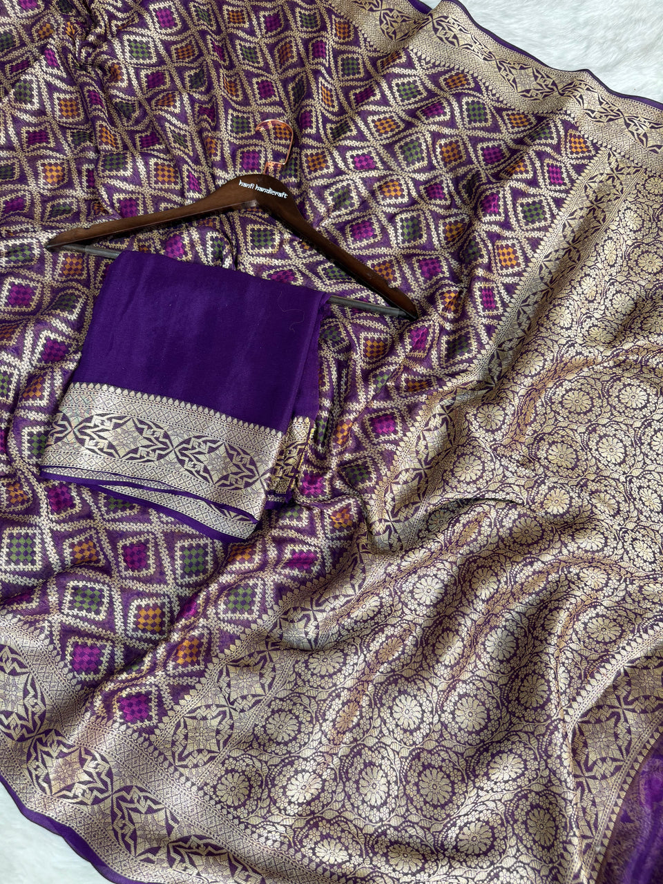 Royal Purple Pure Khaddi Chiffon Banarasi Saree with Bandhej Weaving