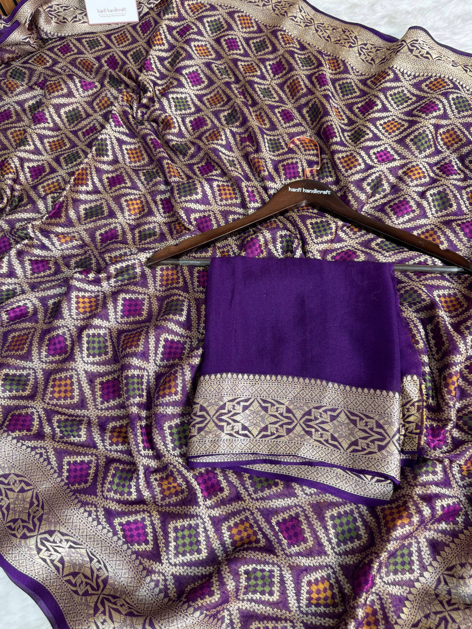 Royal Purple Pure Khaddi Chiffon Banarasi Saree with Bandhej Weaving