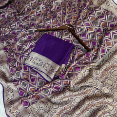 Royal Purple Pure Khaddi Chiffon Banarasi Saree with Bandhej Weaving