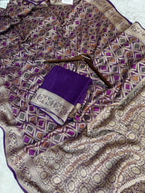 Royal Purple Pure Khaddi Chiffon Banarasi Saree with Bandhej Weaving