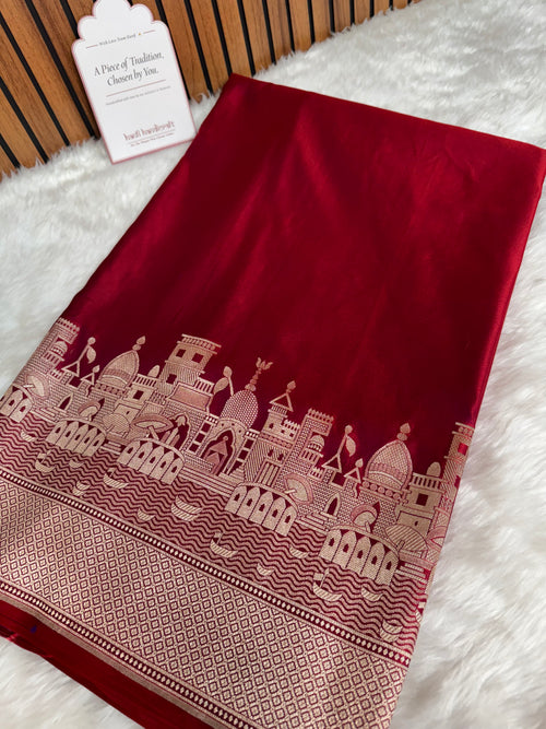 Crimson Red Kashi Ghat Mashru Silk Banarasi Saree