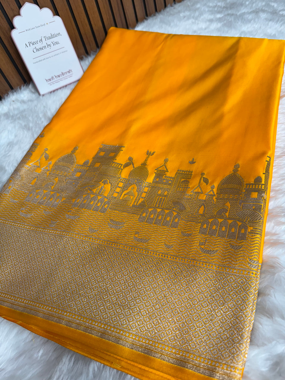 Yellow Gold Kashi Ghat Mashru Silk Banarasi Saree