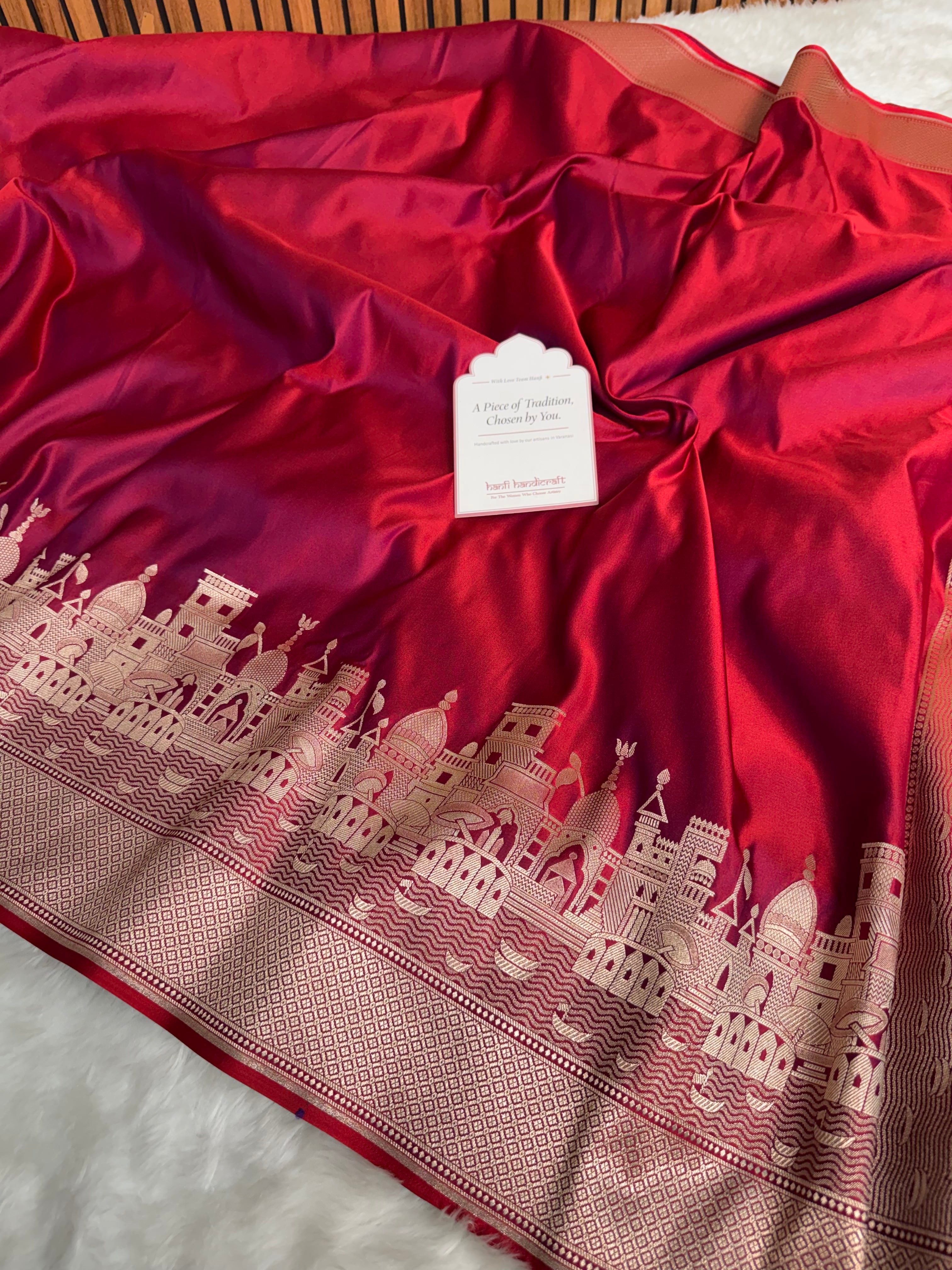 Crimson Red Kashi Ghat Mashru Silk Banarasi Saree