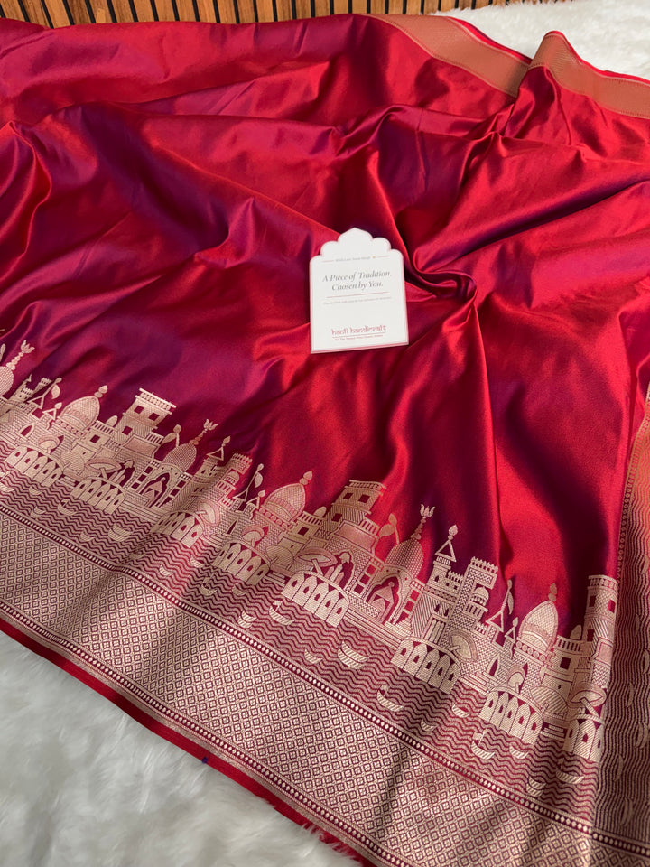Crimson Red Kashi Ghat Mashru Silk Banarasi Saree