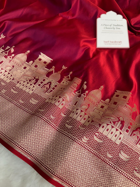 Crimson Red Kashi Ghat Mashru Silk Banarasi Saree