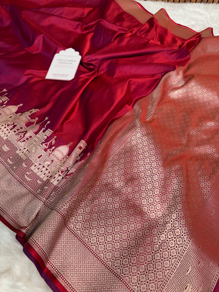 Crimson Red Kashi Ghat Mashru Silk Banarasi Saree