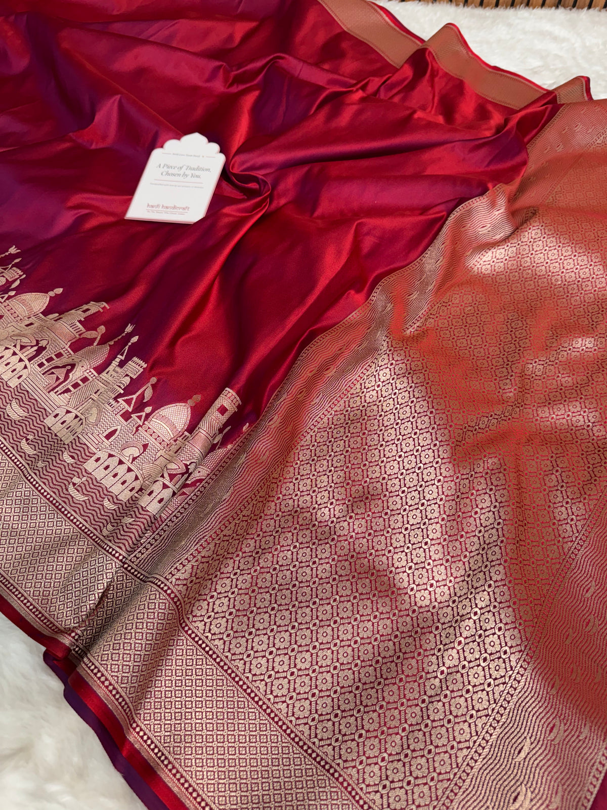 Crimson Red Kashi Ghat Mashru Silk Banarasi Saree