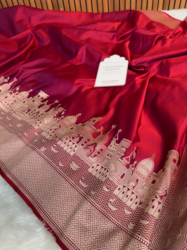Crimson Red Kashi Ghat Mashru Silk Banarasi Saree