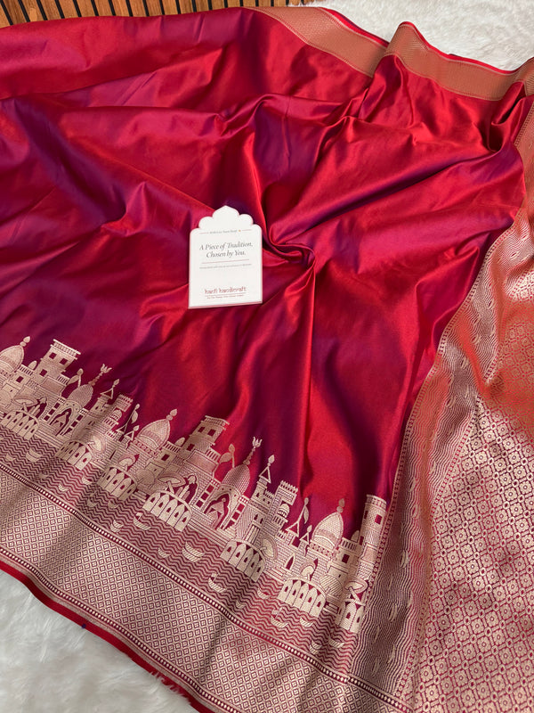 Crimson Red Kashi Ghat Mashru Silk Banarasi Saree
