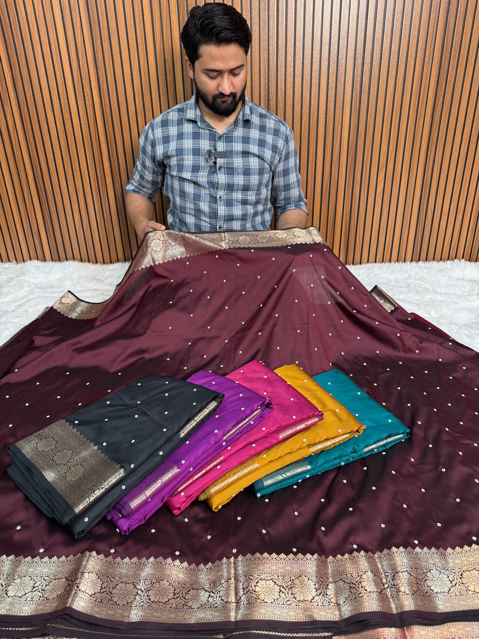 Garnet Wine Kusumika Pearl Handwork Soft Silk Saree