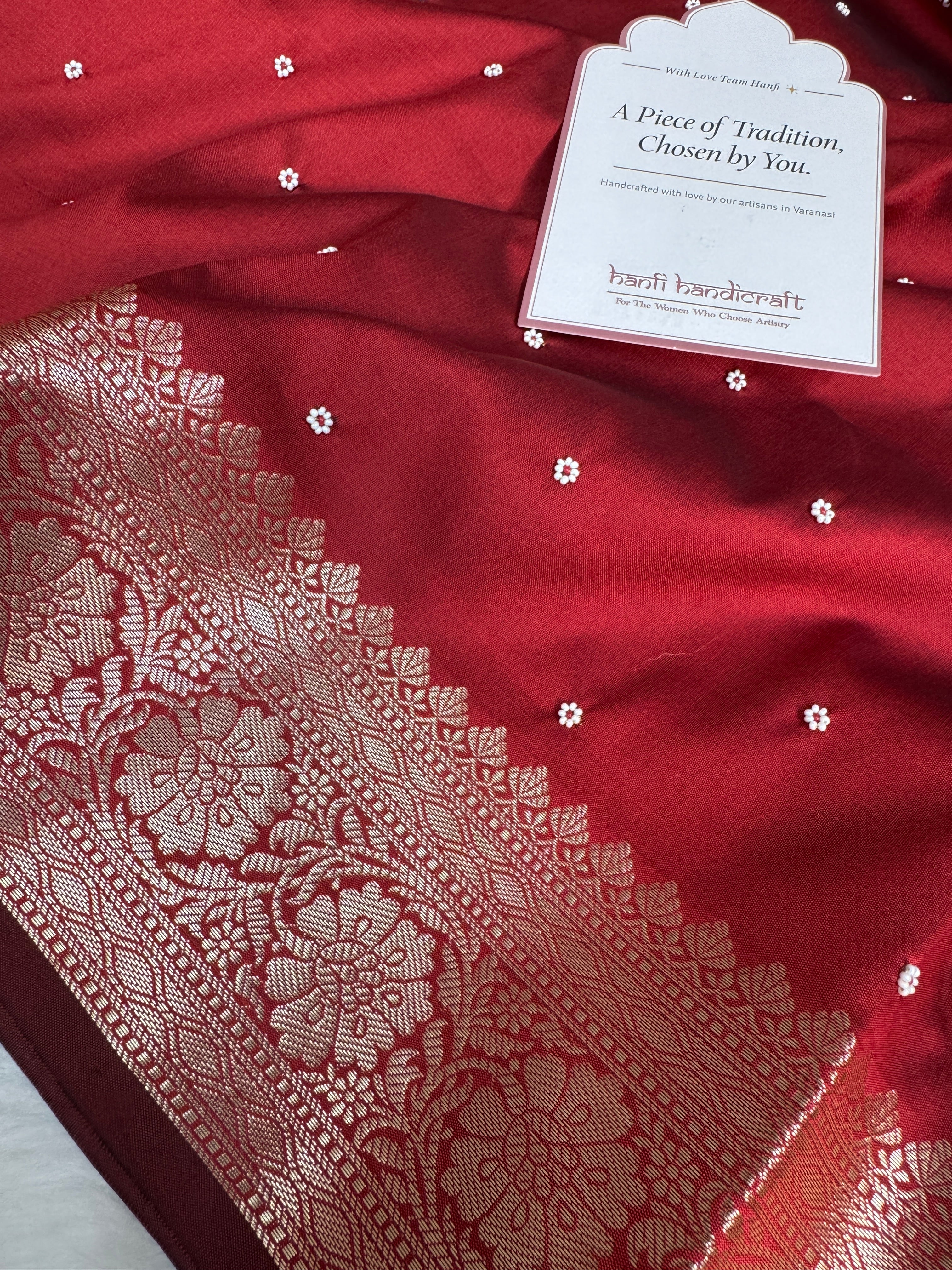 Ruby Red Kusumika Pearl Handwork Soft Silk Saree