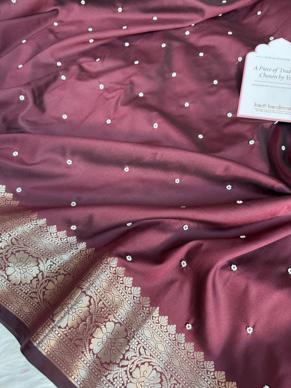 Garnet Wine Kusumika Pearl Handwork Soft Silk Saree