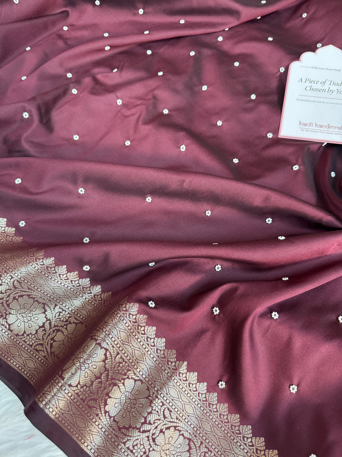 Garnet Wine Kusumika Pearl Handwork Soft Silk Saree