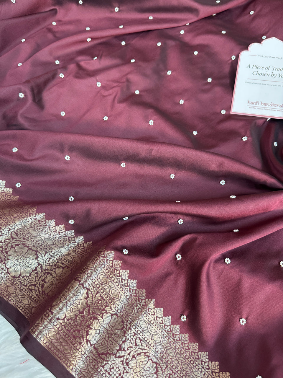 Garnet Wine Kusumika Pearl Handwork Soft Silk Saree