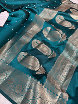 Saffire Green Kusumika Pearl Handwork Soft Silk Saree