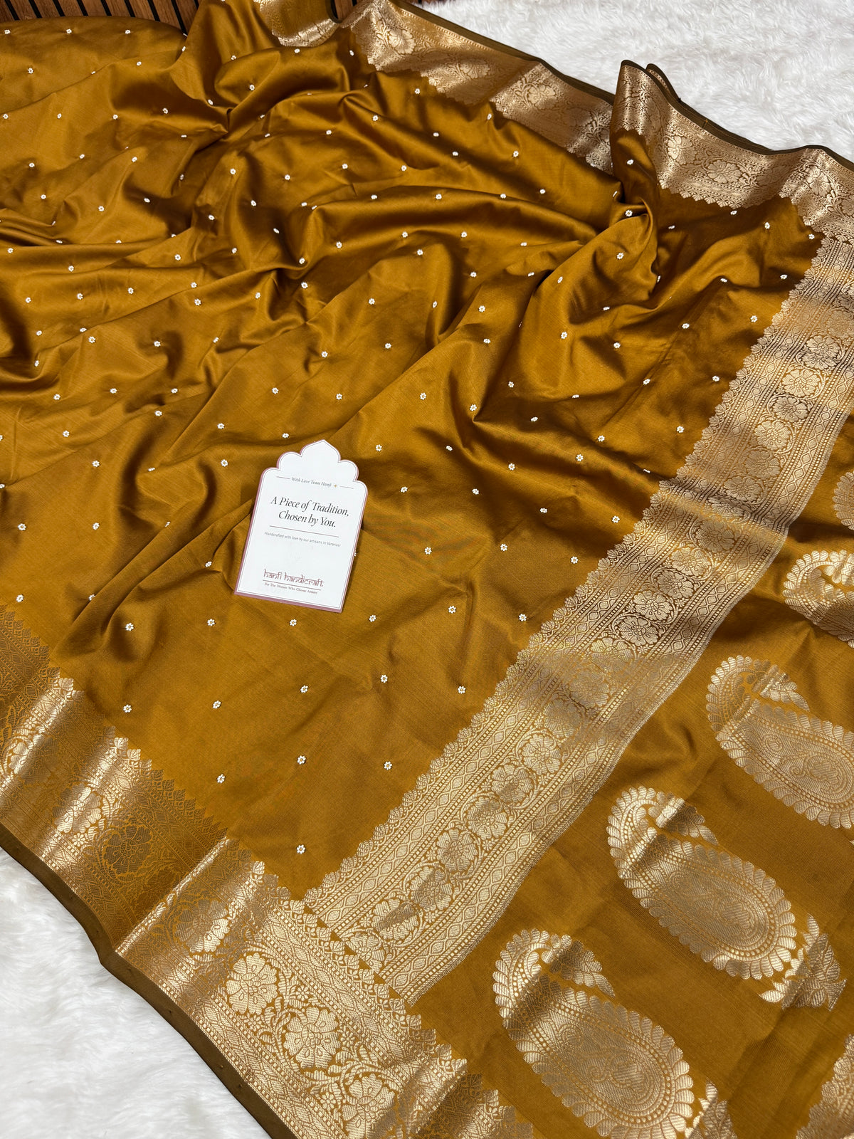 Mustard Gold Kusumika Pearl Handwork Soft Silk Saree