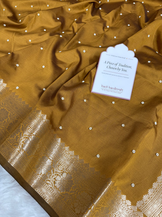 Mustard Gold Kusumika Pearl Handwork Soft Silk Saree