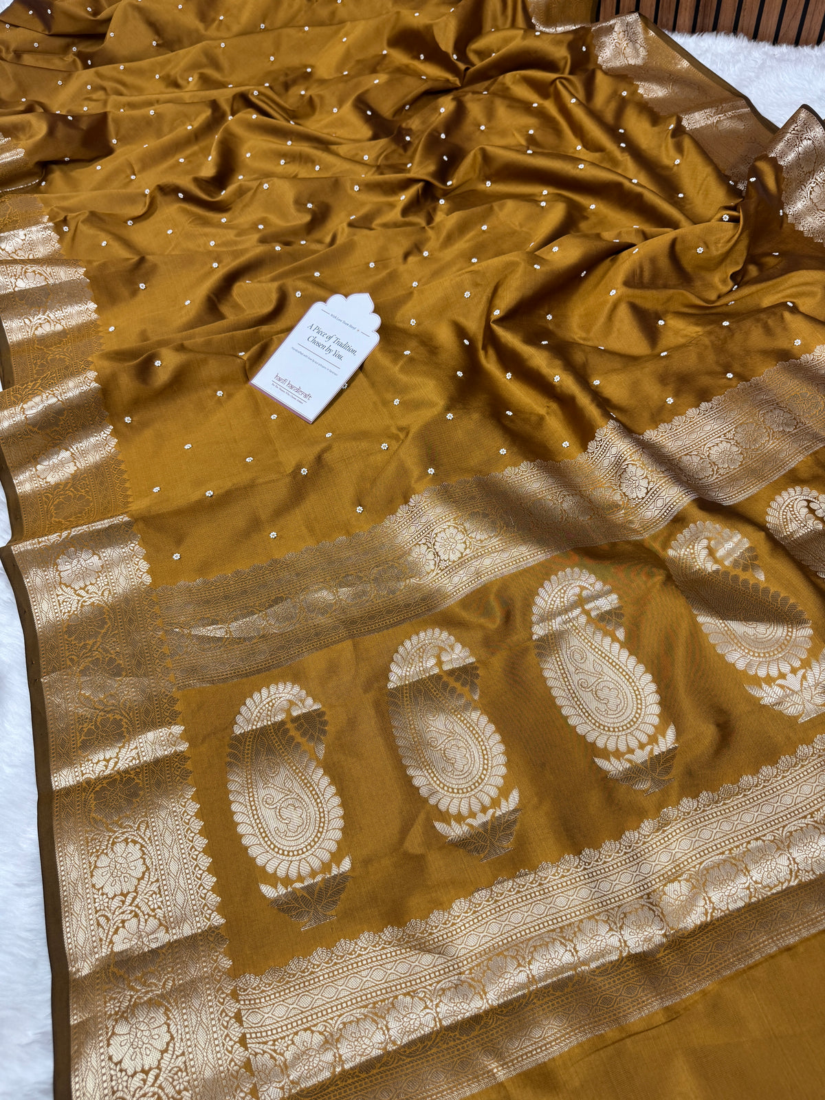 Mustard Gold Kusumika Pearl Handwork Soft Silk Saree
